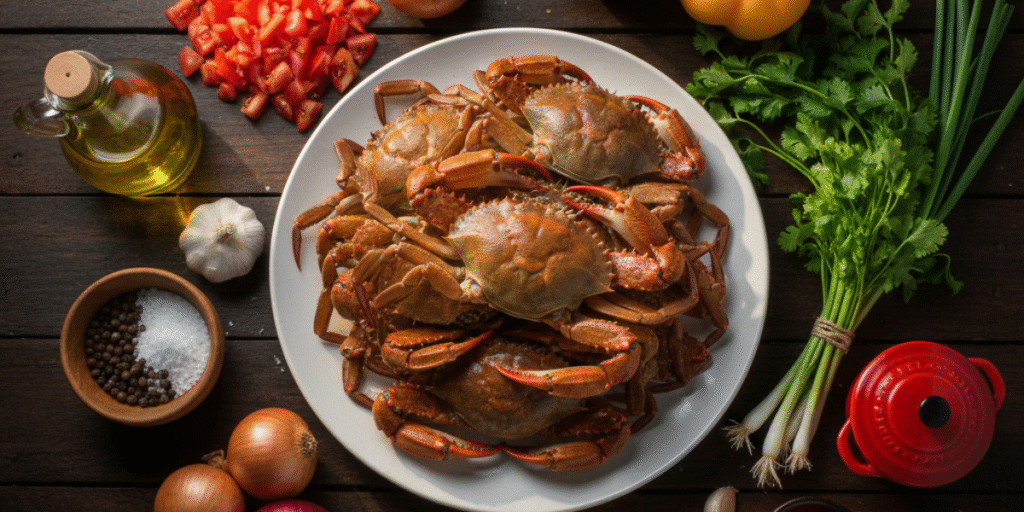 Mesa com caranguejos e outros legumes e temperos