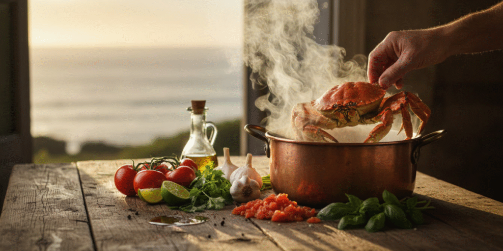 Imagem de uma pessoa tirando um caranguejo da panela, ao lados de legumes.